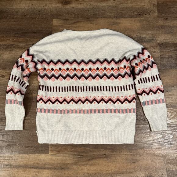 Loft Cozy Sweater Fair Isle Cottage Cotton Wool Blend Oatmeal Pink Burgundy READ - Picture 2 of 9